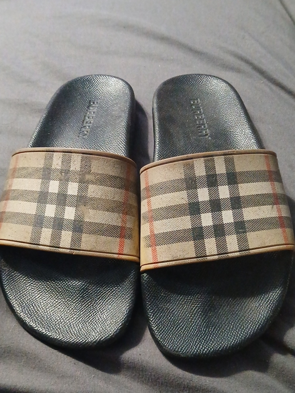 Burberry Black Slides with Beige Check Strap